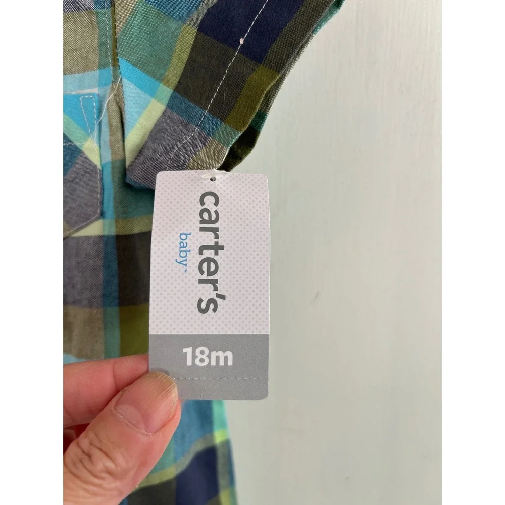 Carter's Plaid Romper 18M Blue Green Button Front Short Sleeve Baby Boy